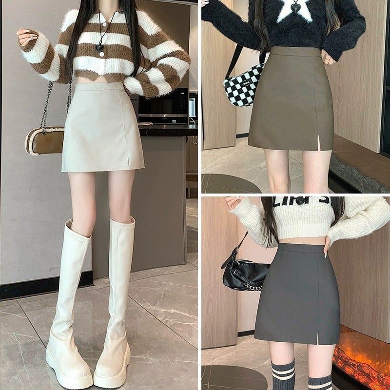 Split Korean Pu Leather Skirt Women'S 2024 Winter New High Waist Hip Skirt Slim A- Line Skirt - Image 3